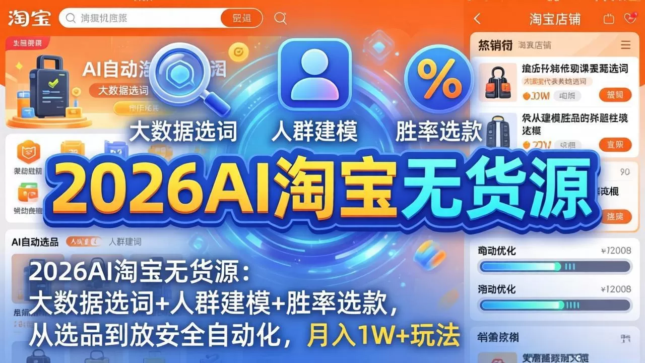 2026AI淘宝无货源：大数据选词+人群建模+胜率选款，从选品到放大全自动化，月入1W+玩法网创资源-中创网-冒泡网-福缘网长青创习社