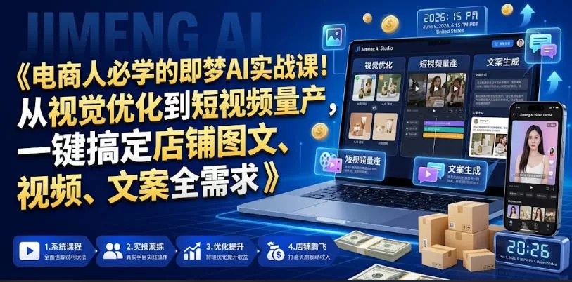 电商人必学的即梦AI实战课!从视觉优化到短视频量产,一键搞定店铺图文、视频、文案全需求网创资源-中创网-冒泡网-福缘网长青创习社