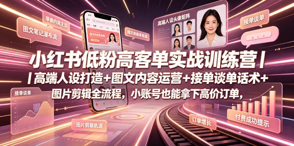 小红书低粉高客单实战训练营｜高端人设打造+图文内容运营+接单谈单话术+图片剪辑全流程，小账号也能拿下高价订单网创资源-中创网-冒泡网-福缘网长青创习社