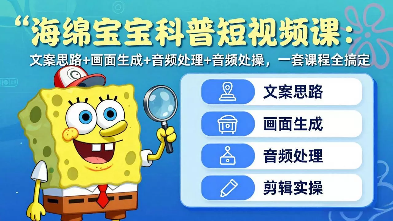 海绵宝宝科普短视频课：文案思路+画面生成+音频处理+剪辑实操，一套课程全搞定网创资源-中创网-冒泡网-福缘网长青创习社