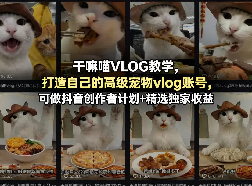 干嘛喵VLOG教学,打造自己的高级宠物vlog账号,可做抖音创作者计划+精选独家收益网创资源-中创网-冒泡网-福缘网长青创习社