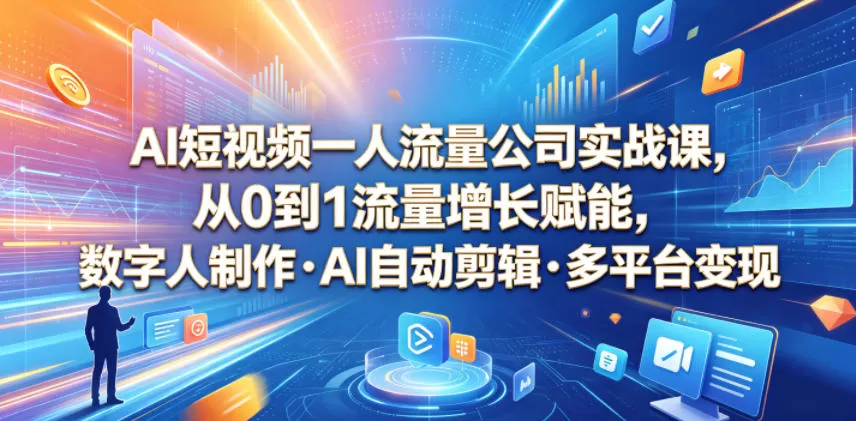 AI短视频一人流量公司实战课，从0到1流量增长赋能，数字人制作・AI自动剪辑・多平台变现，一人做流量生意全落地教程网创资源-中创网-冒泡网-福缘网长青创习社