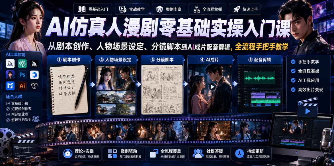 AI仿真人漫剧零基础实操入门课,从剧本创作、人物场景设定、分镜脚本到AI成片配音剪辑,全流程手把手教学网创资源-中创网-冒泡网-福缘网长青创习社