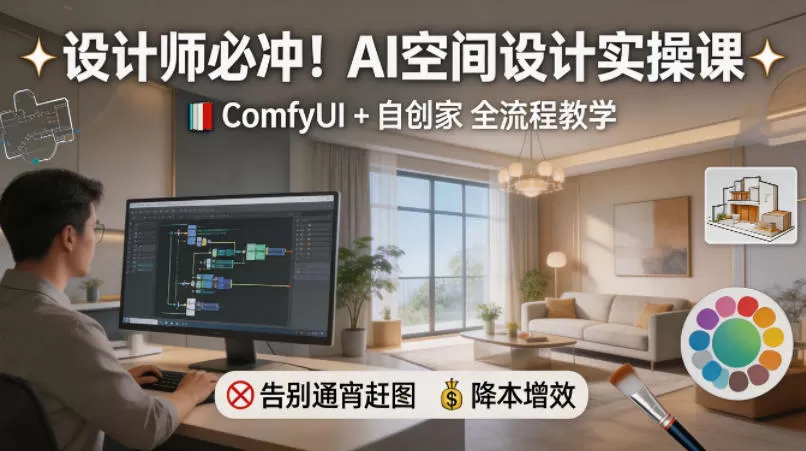 设计师必冲！AI空间设计实操课，ComfyUI+自创家全教学，告别通宵赶图，降本增效网创资源-中创网-冒泡网-福缘网长青创习社