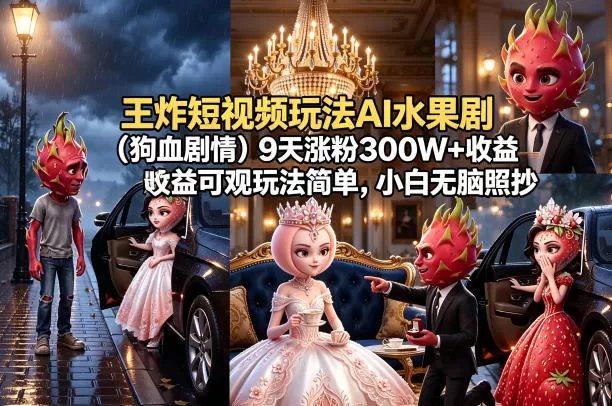 王炸短视频玩法AI水果剧(狗血剧情)9天涨粉300W+收益可观玩法简单,小白无脑照抄,详细拆解玩法网创资源-中创网-冒泡网-福缘网长青创习社