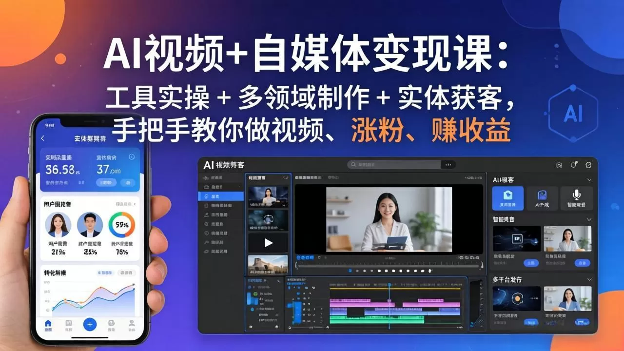 AI视频+自媒体变现课:工具实操 + 多领域制作 + 实体获客,手把手教你做视频、涨粉、赚收益网创资源-中创网-冒泡网-福缘网长青创习社
