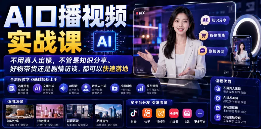 AI口播视频实战课，不用真人出镜，不管是知识分享、好物带货还是剧情访谈，都可以快速落地网创资源-中创网-冒泡网-福缘网长青创习社