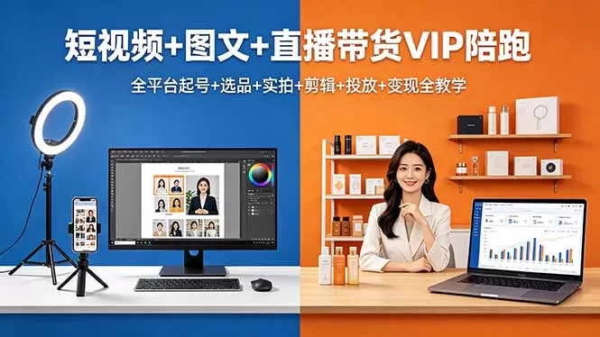 短视频+图文+直播带货VIP陪跑,全平台起号+选品+实拍+剪辑+投放+变现全教学网创资源-中创网-冒泡网-福缘网长青创习社