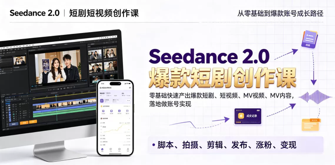 Seedance 2.0短剧短视频创作课，零基础快速产出爆款短剧、短视频、MV内容，落地做账号实现变现网创资源-中创网-冒泡网-福缘网长青创习社