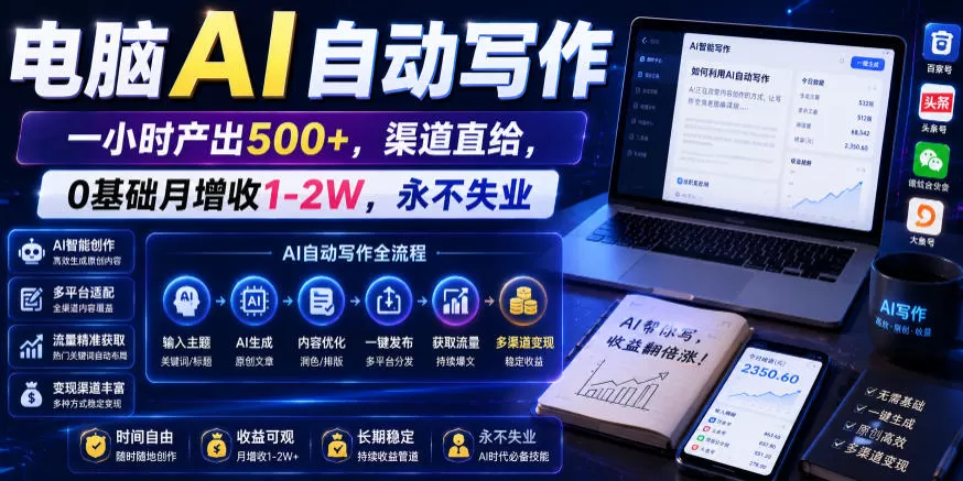 电脑AI自动写作，一小时产出500+，渠道直给，0基础月增收1-2W，永不失业【揭秘】网创资源-中创网-冒泡网-福缘网长青创习社