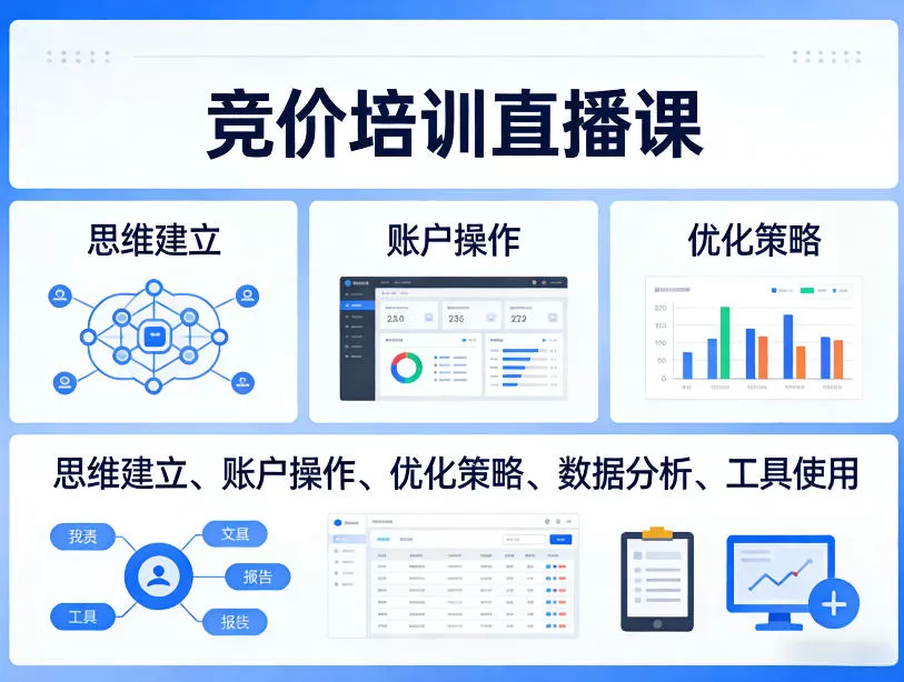 竞价培训直播课，覆盖思维建立、账户操作、优化策略、数据分析、工具使用等，全方位提升效果网创资源-中创网-冒泡网-福缘网长青创习社
