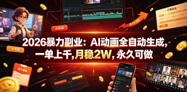 2026暴力副业：AI动画全自动生成，一单上千，月稳2W，永久可做【揭秘】网创资源-中创网-冒泡网-福缘网长青创习社