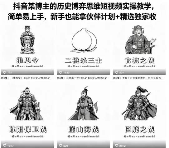 抖音某博主的历史博弈思维短视频实操教学,简单易上手,新手也能拿伙伴计划+精选独家收益网创资源-中创网-冒泡网-福缘网长青创习社