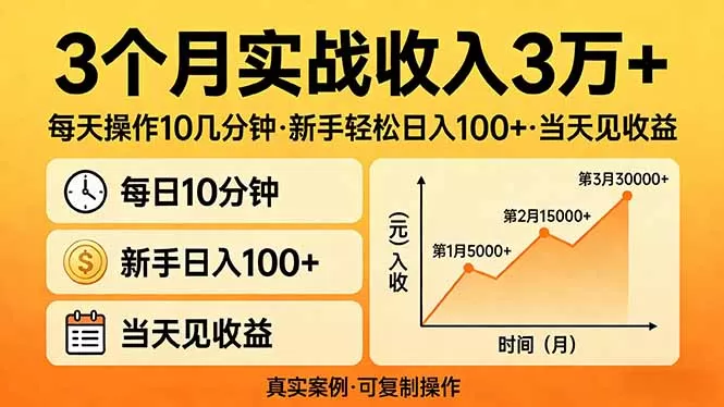 3个月实战收入3万+，每天操作10几分钟，新手轻松日入100+，当天见收益网创资源-中创网-冒泡网-福缘网长青创习社