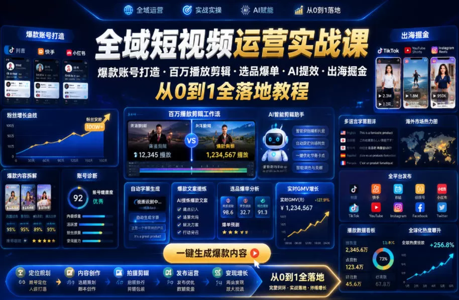 全域短视频运营实战课，爆款账号打造・百万播放剪辑・选品爆单・AI提效・出海掘金，从0到1全落地教程网创资源-中创网-冒泡网-福缘网长青创习社