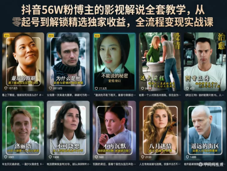 抖音56W粉博主的影视解说全套教学,从零起号到解锁精选独家收益,全流程变现实战课网创资源-中创网-冒泡网-福缘网长青创习社
