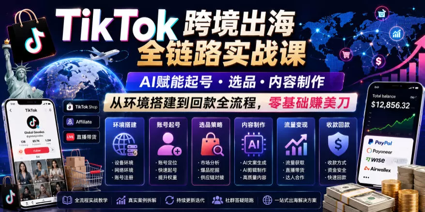 TikTok跨境出海全链路实战课,AI赋能起号・选品・内容制作,从环境搭建到回款全流程,零基础賺美刀网创资源-中创网-冒泡网-福缘网长青创习社