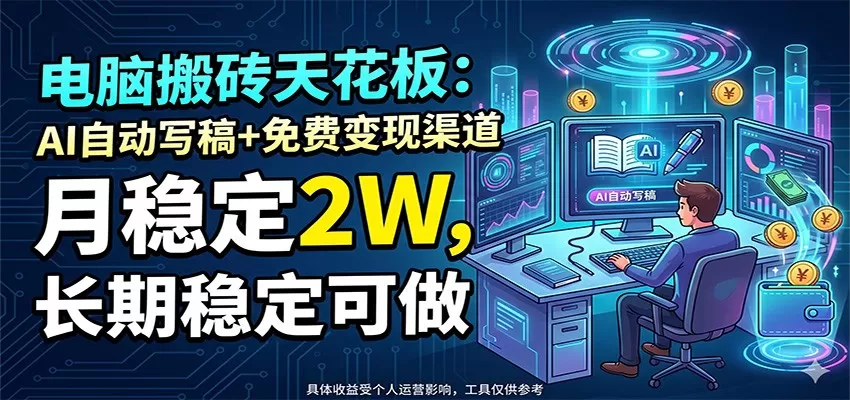 电脑搬砖天花板:AI自动写稿+免费变现渠道,月稳定2W,长期稳定可做网创资源-中创网-冒泡网-福缘网长青创习社