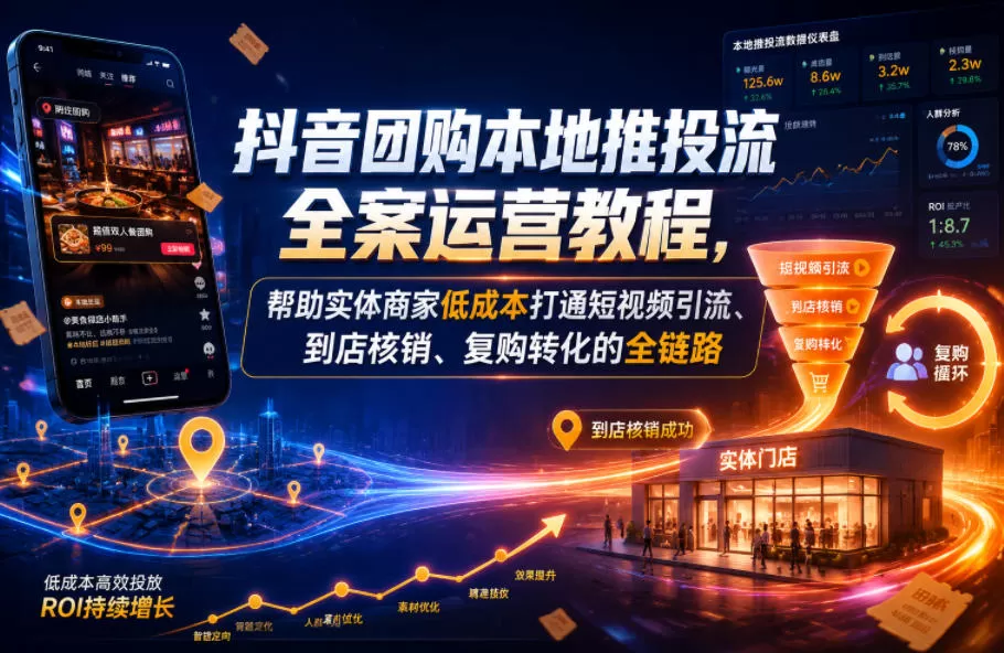 抖音团购本地推投流全案运营教程，帮助实体商家低成本打通短视频引流、到店核销、复购转化的全链路网创资源-中创网-冒泡网-福缘网长青创习社